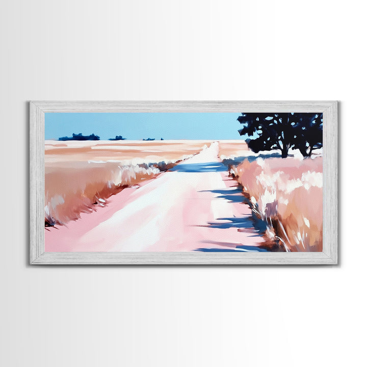 Countryside Path Art, Rustic Landscape Print, Minimalist Nature Painting, Warm Autumn Decor, Serene Scenic Artwork, Framed Canvas Print