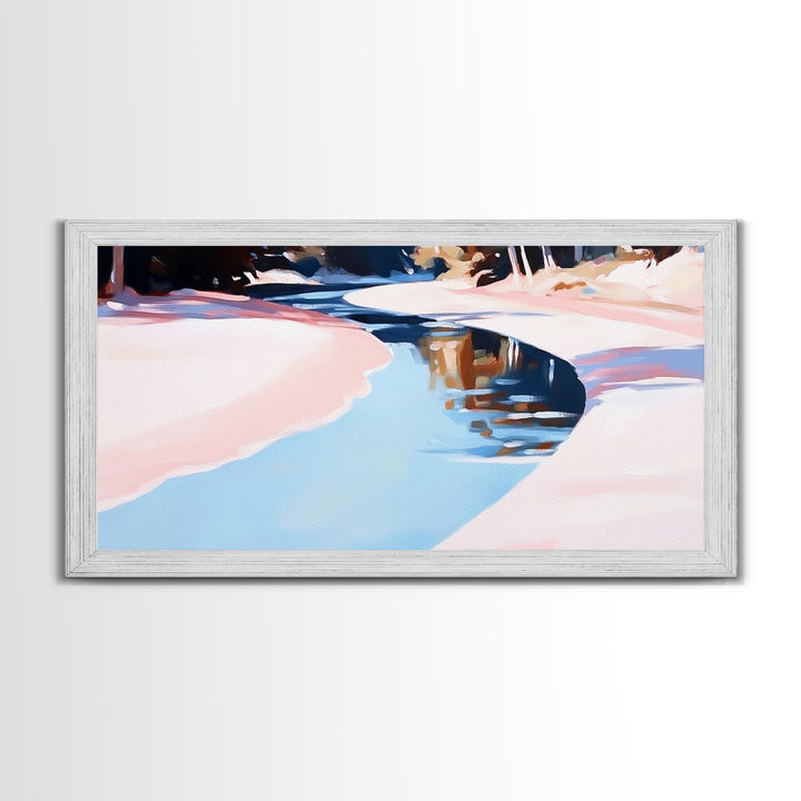 River Reflection, Serene Water Scene, Tranquil Nature Wall Art, Soft Pastel Landscape, Rustic Wilderness Decor, Framed Canvas Print