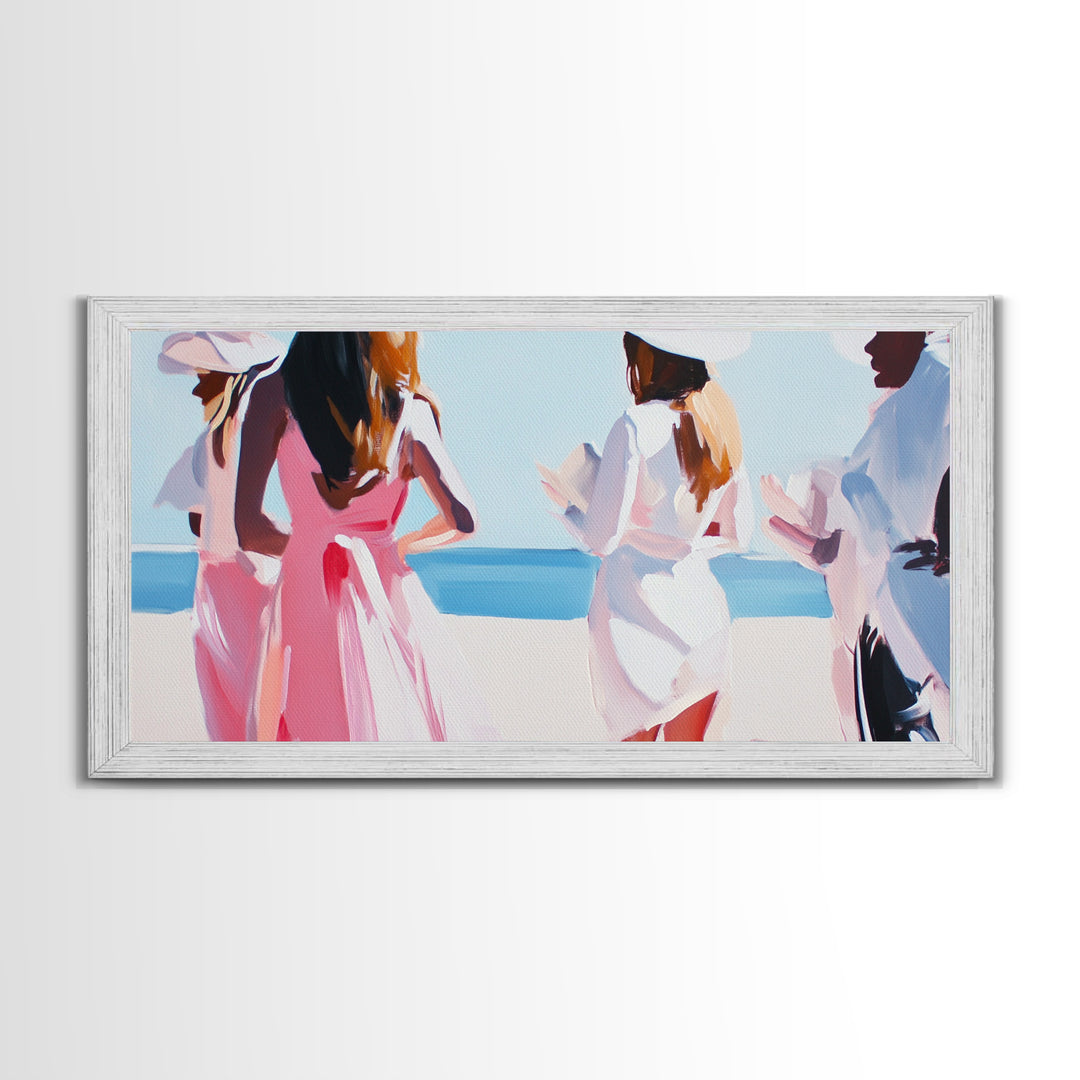 Beach Wedding Art, Elegant Women Painting, Soft Pastel Coastal Decor, Feminine Ocean Scene, Chic Minimalist Aesthetic, Canvas Print
