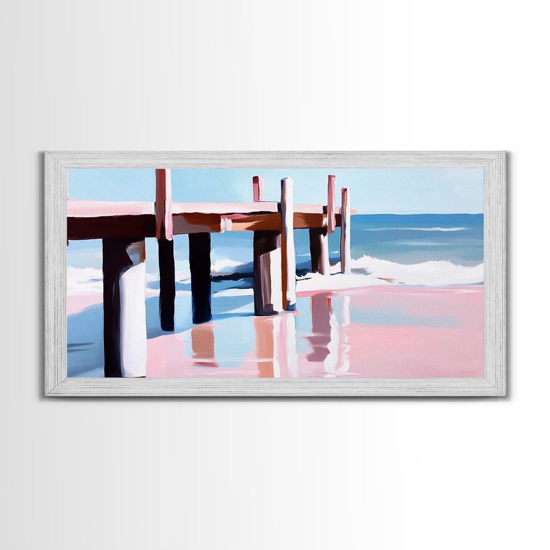 Beach Pier Painting, Coastal Ocean Scene, Nautical Seascape Art, Minimalist Modern Aesthetic, Relaxing Summer Wall Decor, Canvas Print
