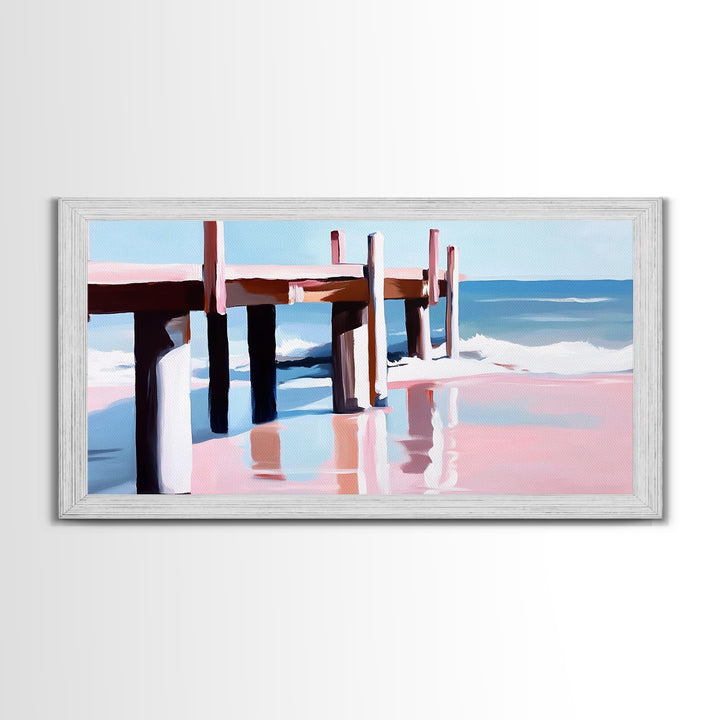 Beach Pier Painting, Coastal Ocean Scene, Nautical Seascape Art, Minimalist Modern Aesthetic, Relaxing Summer Wall Decor, Canvas Print