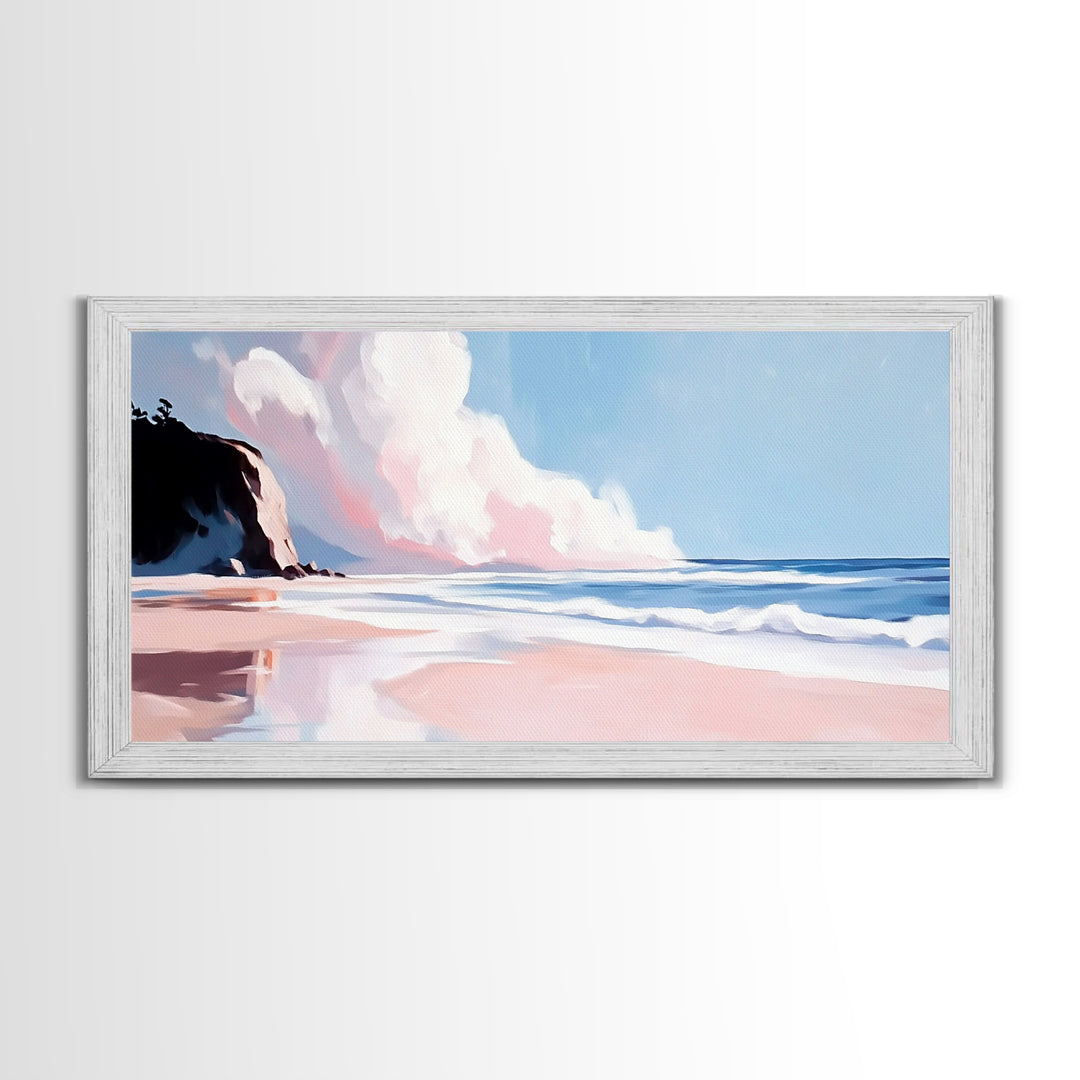 Ocean Cliff, Dreamy Coastal Landscape, Pastel Seascape Art, Framed Canvas Print, Beach House Wall Decor, Relaxing Ocean Scene