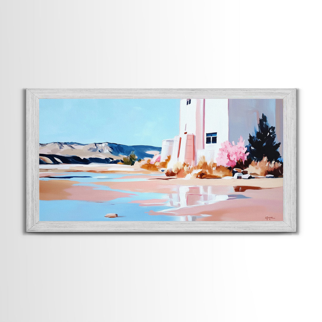 Desert Landscape, White House, Pink Trees, Canvas Print, Modern Southwest Art, Living Room Wall Art, Warm Earthy Tones, Minimalist Nature