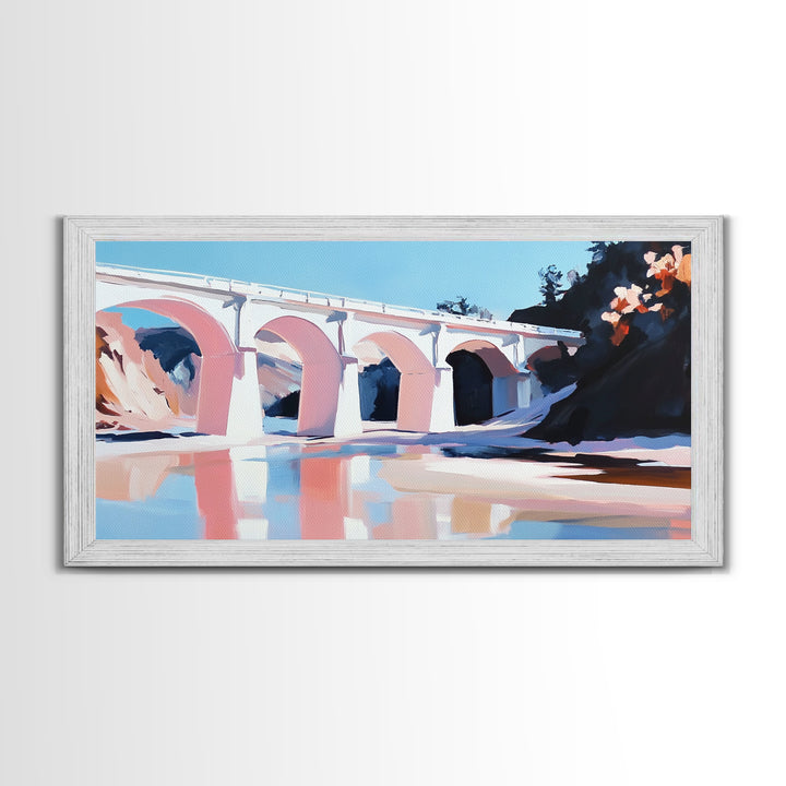 Bridge Reflection, Scenic River, Pastel Landscape, Canvas Print, Architecture Art, Living Room Wall Art, Minimalist Water Scene, Travel Art