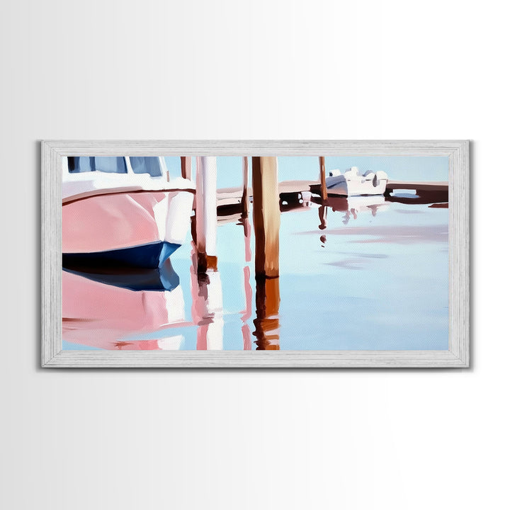 Docked Boats, Waterfront Scene, Canvas Print, Nautical Home Decor, Living Room Wall Art, Soft Pastel Aesthetic, Minimalist Seaside
