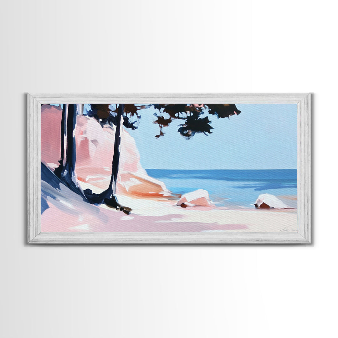 Beach Cliffs, Ocean Landscape, Coastal Art, Modern Wall Decor, Living Room Art, Framed Canvas Print, Minimalist Seascape, Pastel Artwork
