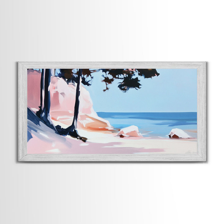 Beach Cliffs, Ocean Landscape, Coastal Art, Modern Wall Decor, Living Room Art, Framed Canvas Print, Minimalist Seascape, Pastel Artwork