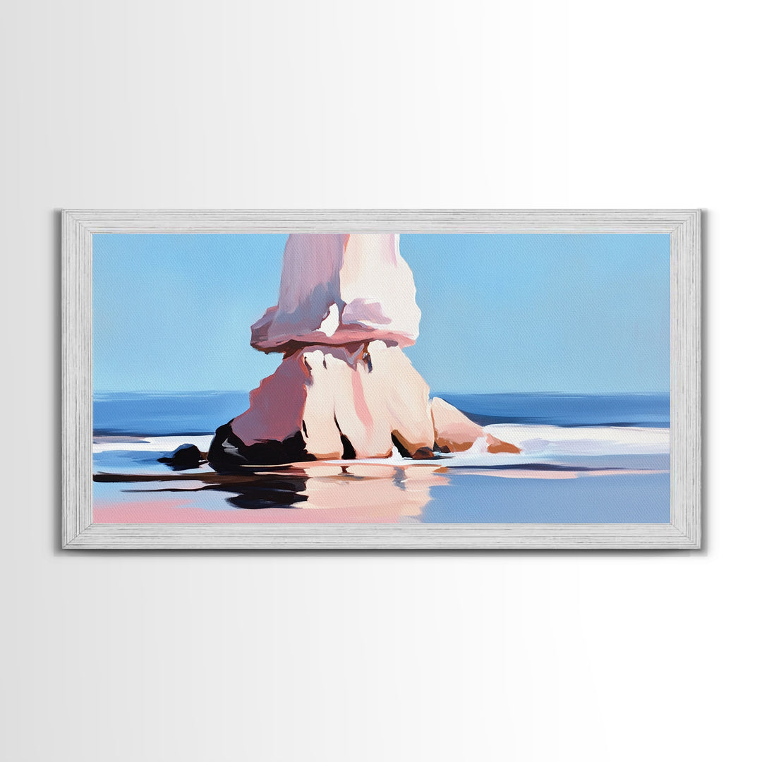 Ocean Rock, Coastal Seascape, Beach Art, Canvas Print, Nature Wall Decor, Blue and Pink Landscape, Living Room Painting, Modern Art