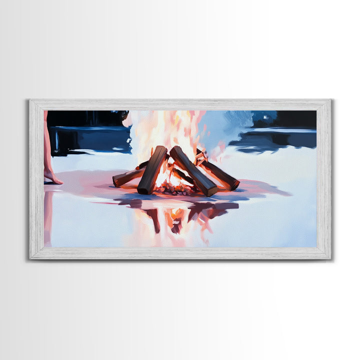 Cozy Bonfire, Fire Reflection, Campfire Glow, Autumn Night, Framed Canvas Print, Cabin Wall Art, Rustic Decor, Warm Atmosphere, Fall Art