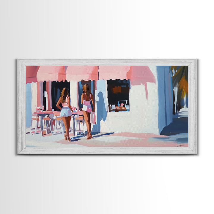 Café Scene, Pink Aesthetic, Coastal Lifestyle, Boho Summer Art, Chic Minimalist Decor, Home Wall Art, Living Room Art, Framed Canvas Print