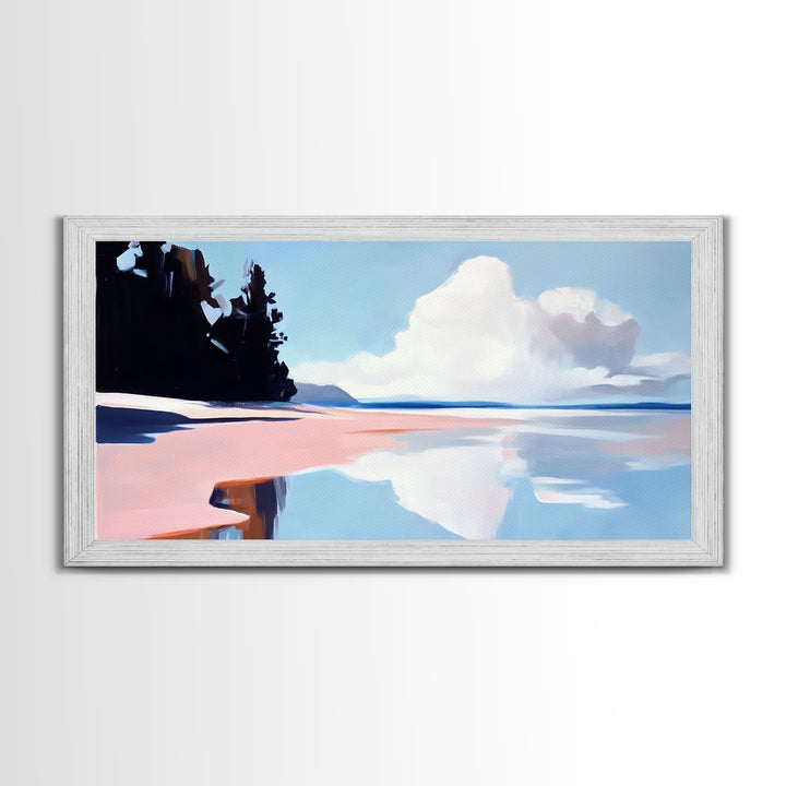 Cloudy Seascape Reflection, Tranquil Coastal Print, Minimalist Ocean Decor, Soft Pastel Landscape, Zen Home Art, Bedroom Framed Canvas Print