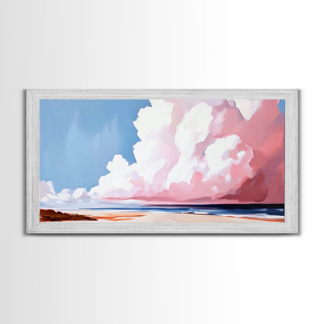 Cloudscape, Dreamy Sky, Coastal Horizon, Framed Canvas Print, Minimalist Art, Blue and Pink Decor, Bedroom Wall Art, Sky Lover Gift