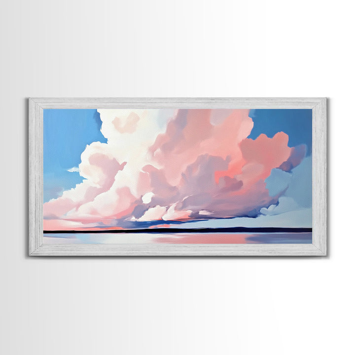 Sunset Glow, Cloud Reflections, Pastel Sky, Framed Canvas Print, Beach House Decor, Aesthetic Landscape, Contemporary Art, Serene Home Accent