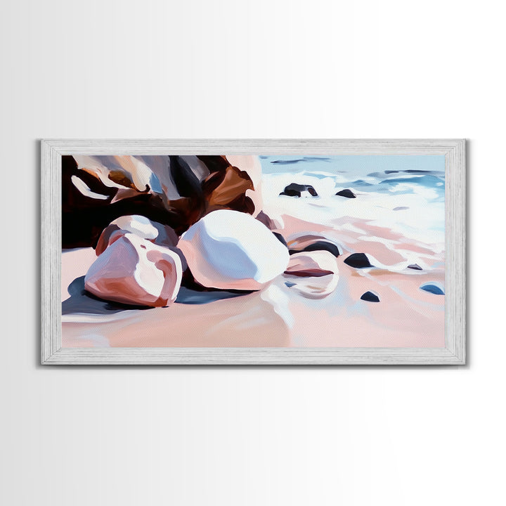 Coastal Rocks, Beach Waves, Ocean Wall Art, Framed Canvas Print, Nautical Decor, Summer Vibes, Relaxing Seaside Scene, Living Room Art