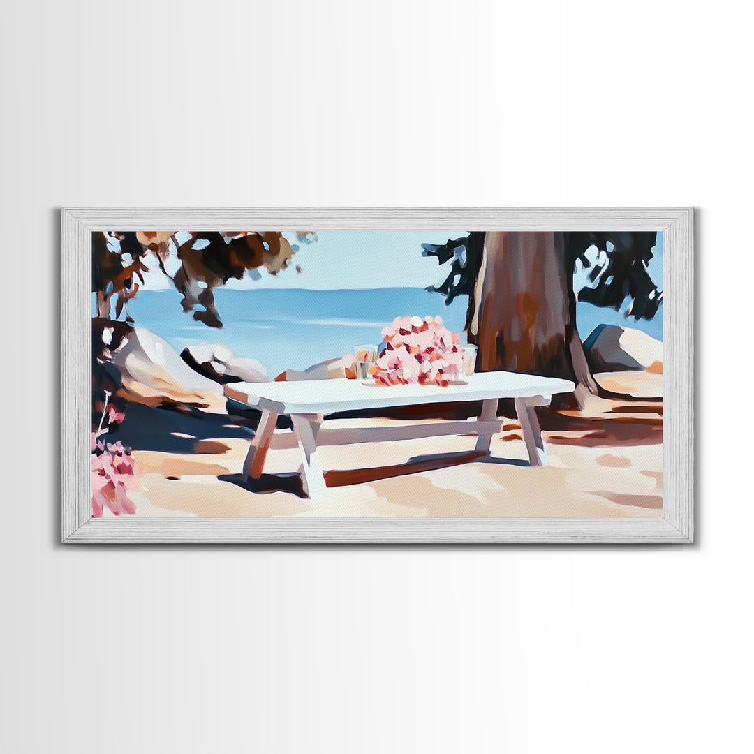 Beach Picnic, Seaside Dining, Summer Wall Art, Framed Canvas Print, Coastal Decor, Relaxing Atmosphere, Kitchen Art, Nautical Aesthetic