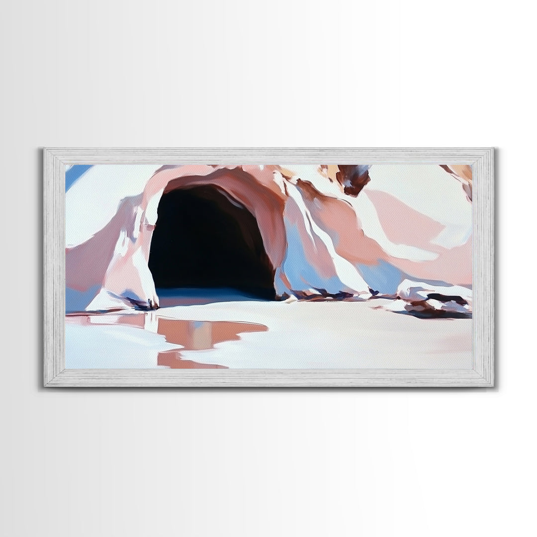Cave Entrance, Surreal Landscape Art, Abstract Coastal Print, Pink Beige Tones, Nature Inspired, Boho Wall Decor, Framed Canvas Print