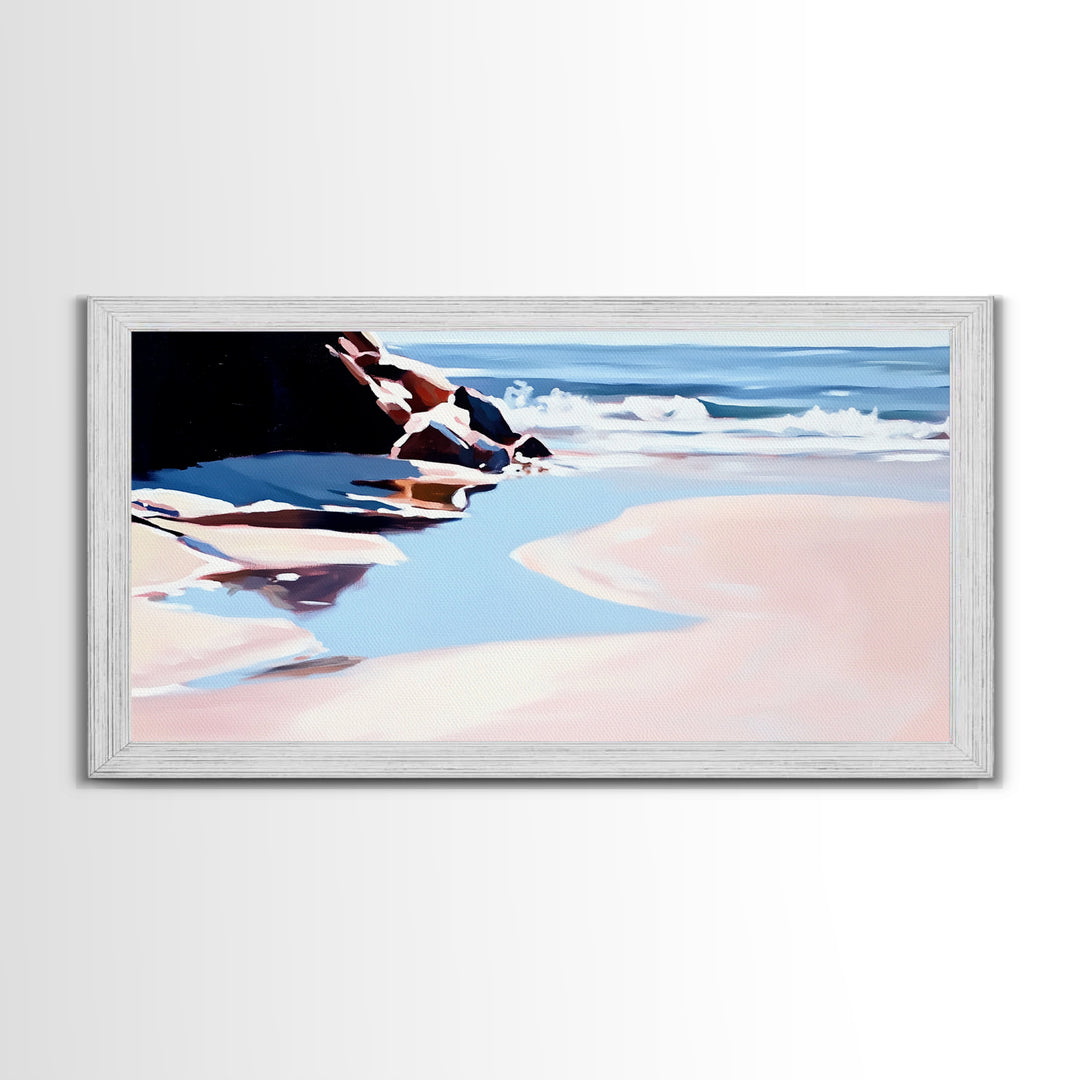 Ocean Shore, Tranquil Seascape Art, Pink Blue Horizon, Serene Beach Wall Decor, Relaxing Coastal Aesthetic, Canvas Print