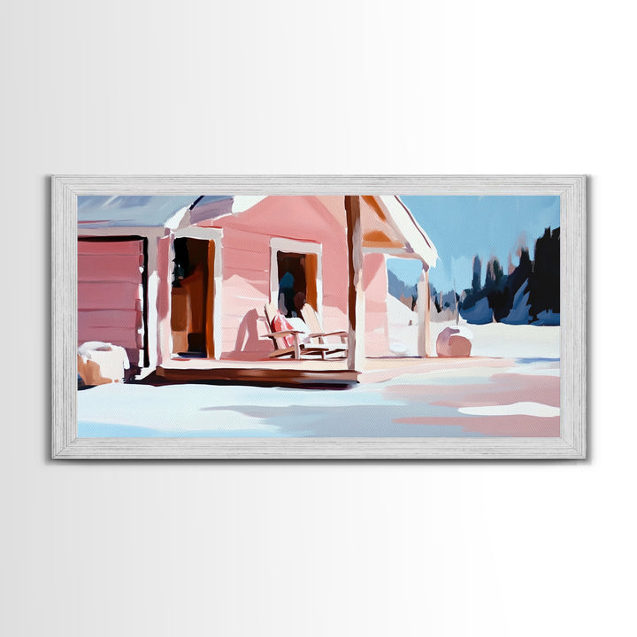 Pink Cabin, Winter Landscape Art, Cozy Home Decor, Framed Canvas Print, Rustic House Painting, Christmas Wall Art, Snowy Scene