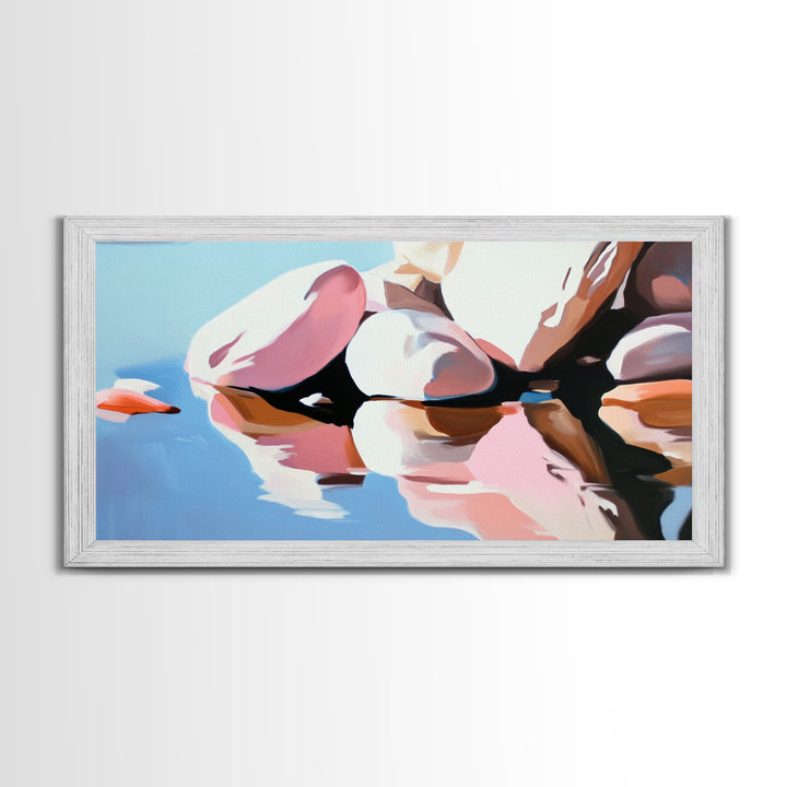 River Rocks, Reflections, Framed Canvas Print, Minimalist Nature Art, Abstract Water Scene, Earthy Wall Art, Modern Decor, Living Room