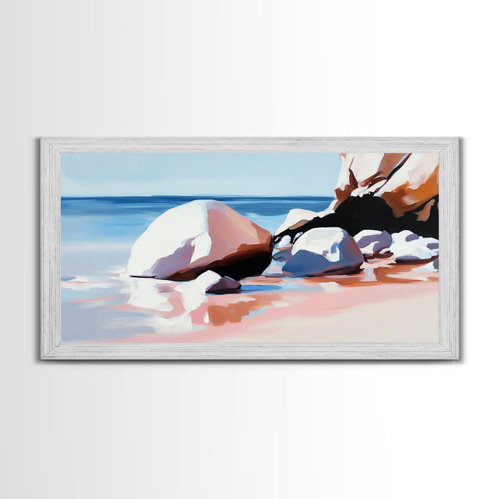 Ocean Stones, Beach Scene, Framed Canvas Print, Coastal Wall Art, Pastel Seascape, Nautical Decor, Serene Artwork, Bedroom Wall Art