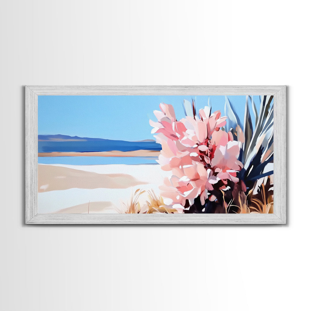 Desert Bloom, Southwest Landscape, Cactus and Flowers, Warm Toned Artwork, Boho Living Room Art, Pink and Blue Painting, Canvas Print