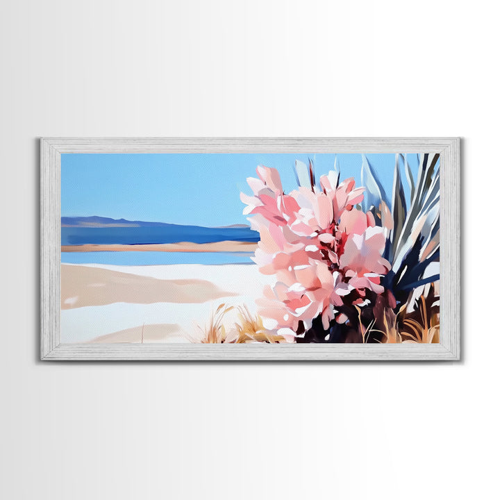 Desert Bloom, Southwest Landscape, Cactus and Flowers, Warm Toned Artwork, Boho Living Room Art, Pink and Blue Painting, Canvas Print