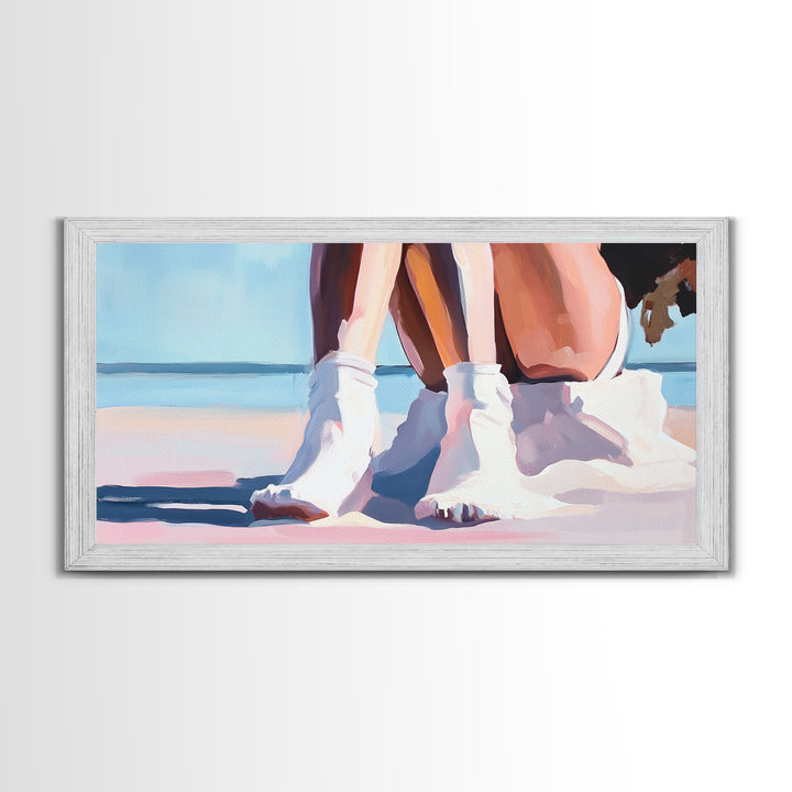 Beach Sitting, Relaxing Moment, Coastal Escape, Soft Pastels, Framed Canvas Print, Boho Art, Bedroom Wall Decor, Modern Minimalist Art