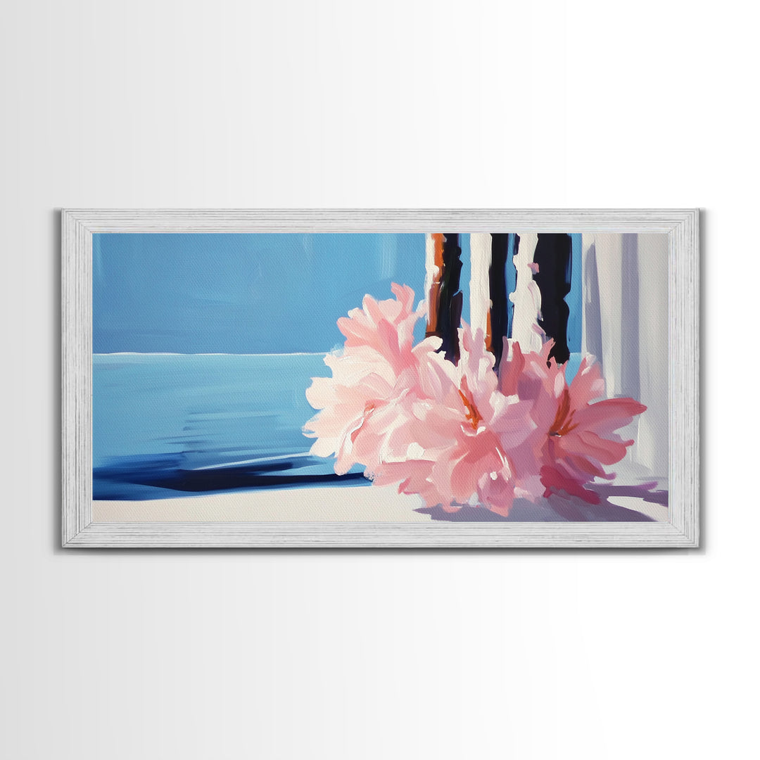 Ocean View, Floral Arrangement, Pastel, Canvas Print, Coastal Wall Art, Beach House Aesthetic, Modern Decor, Blue and Pink Theme