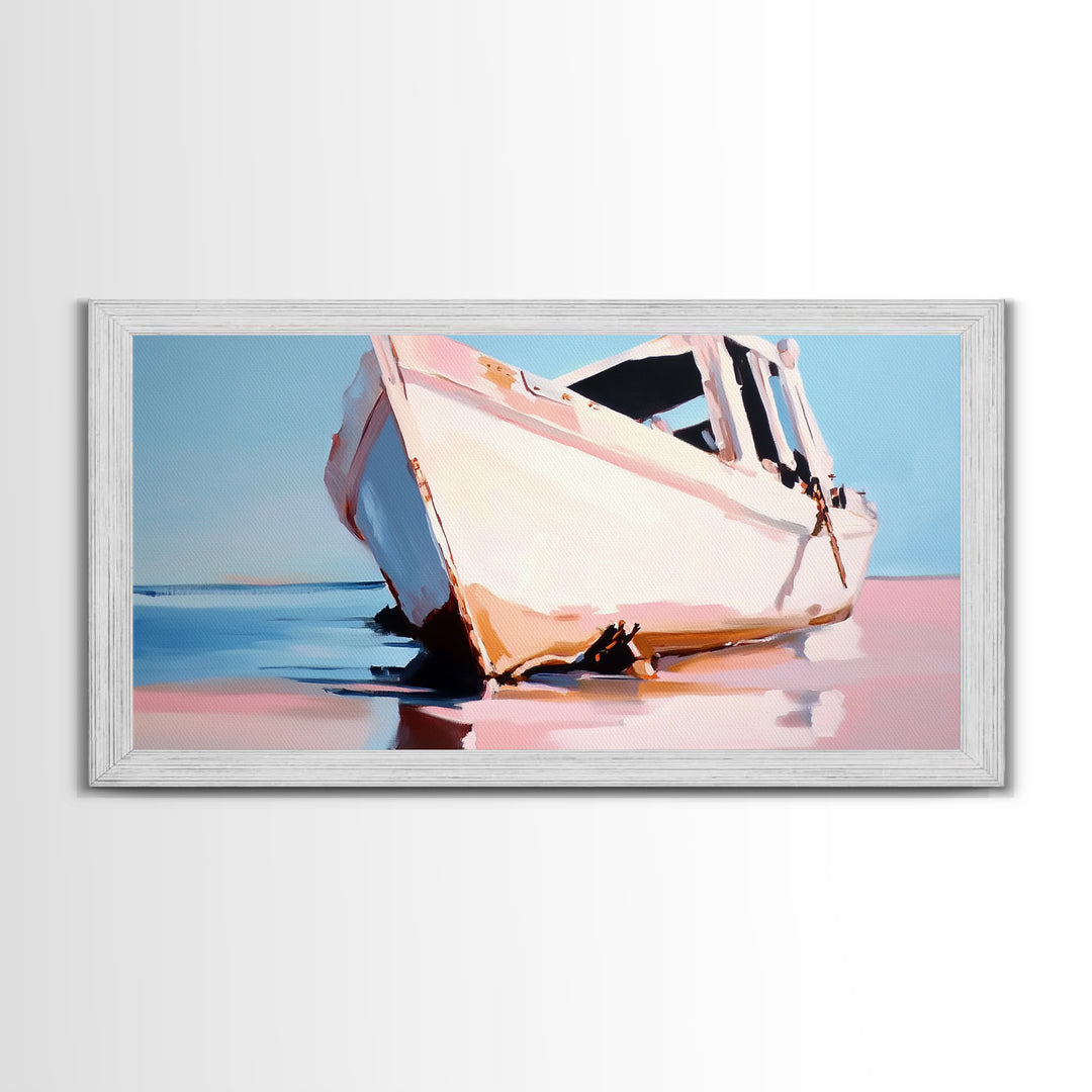 Beached Boat, Coastal Art, Nautical Decor, Canvas Print, Beach House Wall Art, Ocean Painting, Rustic Wall Decor, Living Room Art