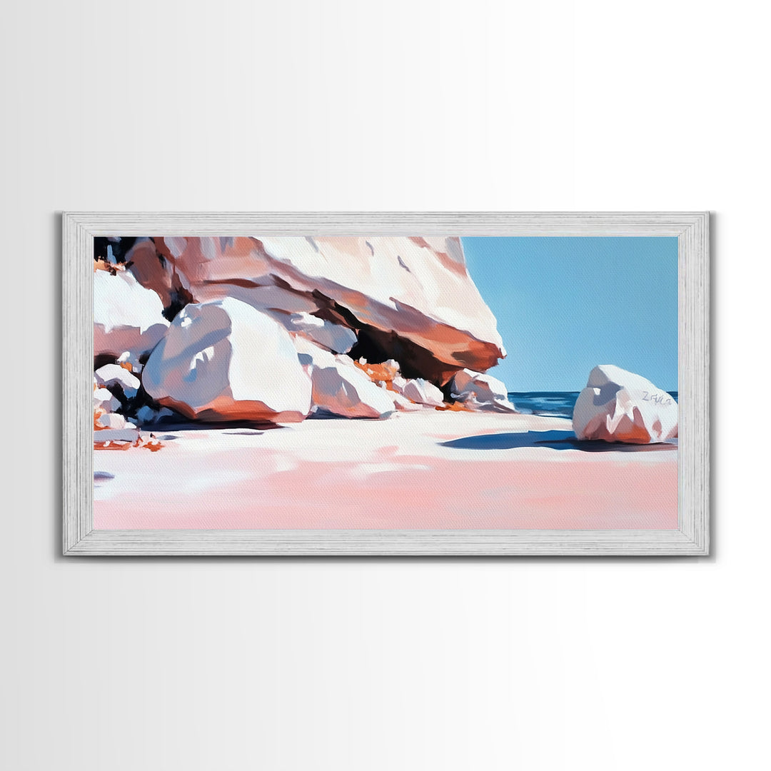 Rocky Beach Scene, Coastal Landscape, Modern Nature Art, Relaxing Seaside View, Framed Canvas Print, Ocean Wall Decor