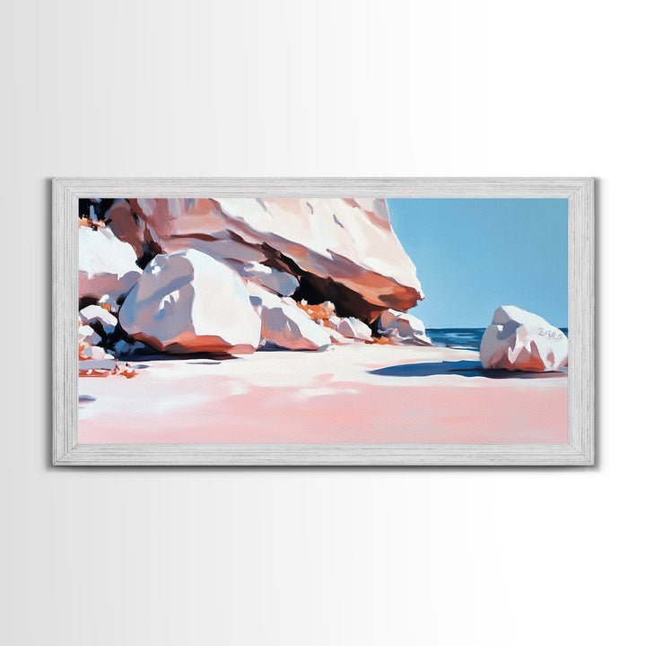 Rocky Beach Scene, Coastal Landscape, Modern Nature Art, Relaxing Seaside View, Framed Canvas Print, Ocean Wall Decor