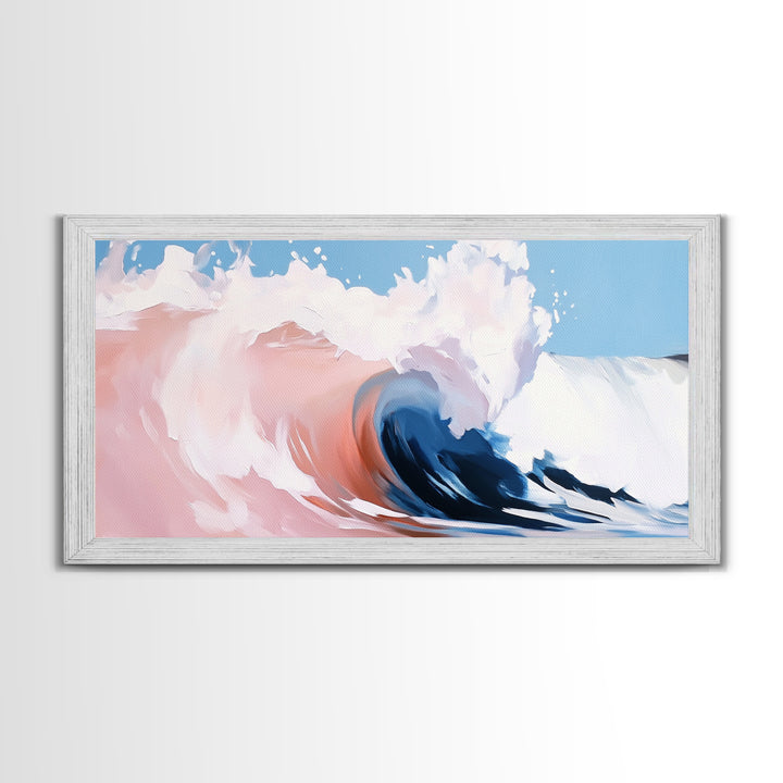 Ocean Wave, Abstract Beach Painting, Dynamic Wall Art, Coastal Decor, Surfer Aesthetic, Blue and White Framed Canvas Print