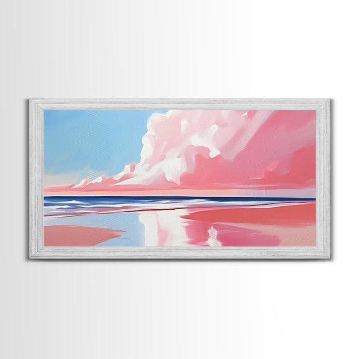 Pink Beach, Dreamy Ocean, Framed Canvas Print, Coastal Art, Minimalist Seascape, Modern Wall Decor, Soft Pastel Landscape