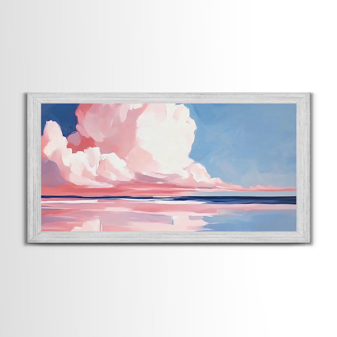 Cloudy Seascape, Pink Horizon, Framed Canvas Print, Coastal Art, Serene Wall Decor, Sunset Painting, Ocean Aesthetic