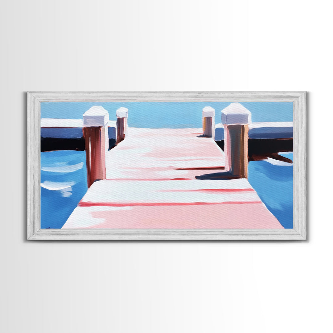 Dockside View, Nautical Art, Framed Canvas Print, Coastal Wall Decor, Beach House Aesthetic, Minimalist Ocean Painting