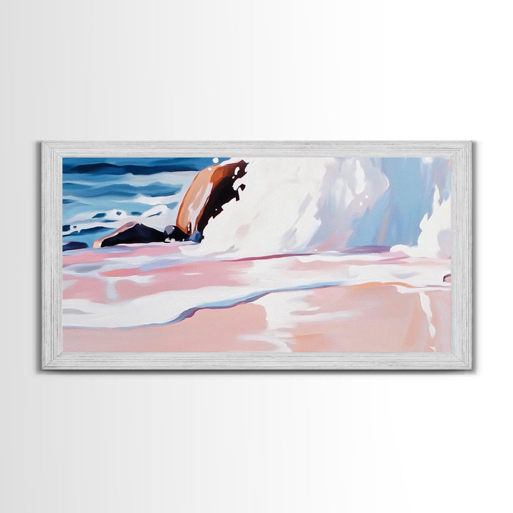 Rocky Shore, Wave Crash, Framed Canvas Print, Coastal Wall Art, Beach House Decor, Serene Seascape, Modern Ocean Painting