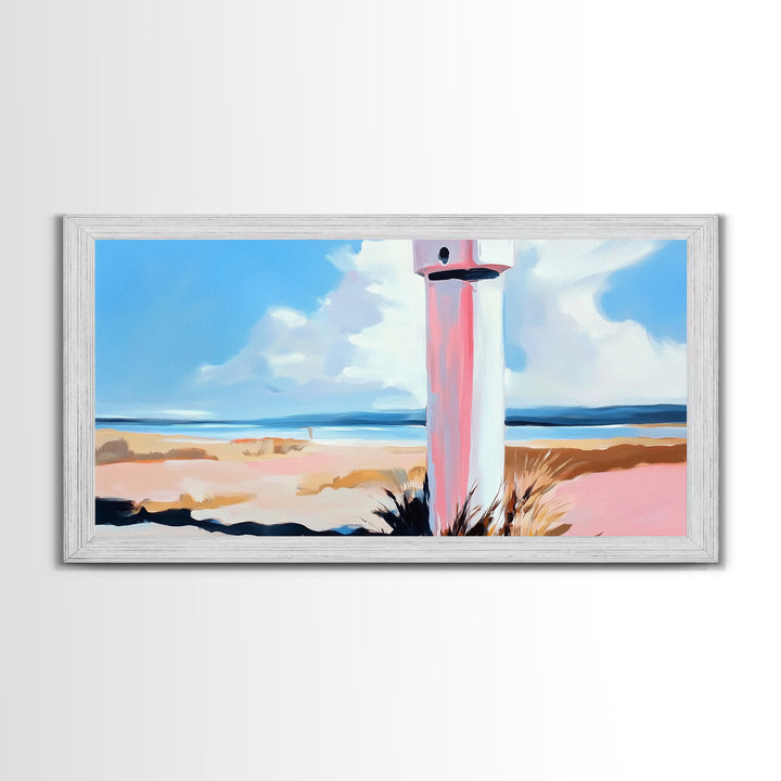 Coastal Lighthouse, Beach Wall Art, Nautical Decor, Ocean Landscape, Seaside Home, Modern Minimalist, Framed Canvas Print