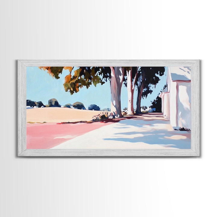 Country Road, Rural Landscape, Serene Nature, Golden Fields, Rustic Farmhouse, Countryside Charm, Warm Autumn Hues, Canvas Print