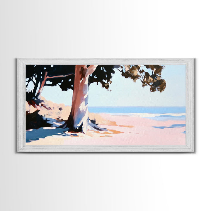 Coastal Tree, Beach Serenity, Ocean Landscape, Minimalist Aesthetic, Tranquil Seascape, Boho Decor, Nature Art, Framed Canvas Print