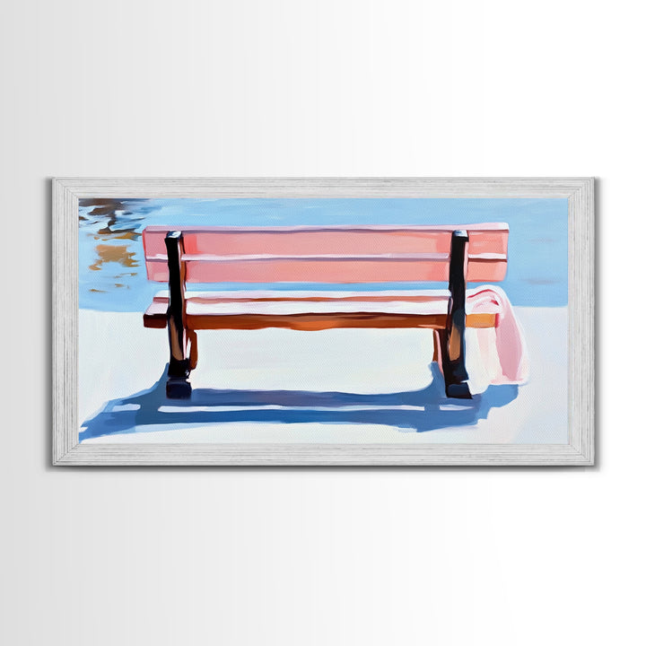 Park Bench, Peaceful Moment, Minimalist Art, Living Room Wall Art, Pastel Landscape, Framed Canvas Print, Impressionist Style, Soft Blue Pink