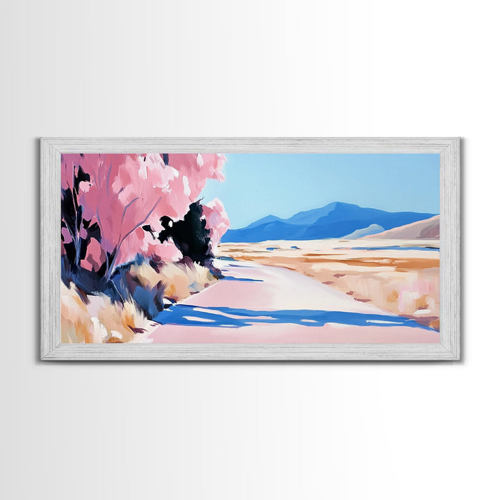 Blossoms, Mountain Path, Scenic Landscape Art, Nature Painting, Boho Decor, Framed Canvas Print, Pastel Pink Trees, Serene Wall Art