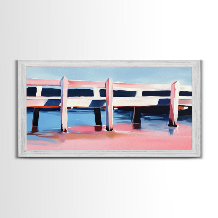 Dock, Reflections, Landscape Art, Nautical Decor, Serene Water Painting, Framed Canvas Print, Minimalist Seaside Art, Blue Pink Aesthetic