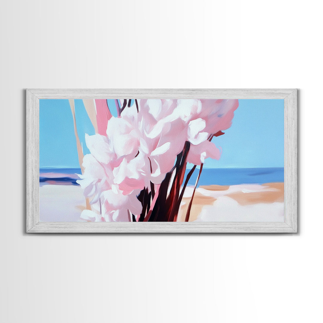 Coastal Flowers, Beach House Art, Pink Blossom Painting, Nature Wall Art, Minimalist Decor, Framed Canvas Print, Modern Living Room