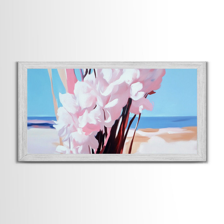 Coastal Flowers, Beach House Art, Pink Blossom Painting, Nature Wall Art, Minimalist Decor, Framed Canvas Print, Modern Living Room