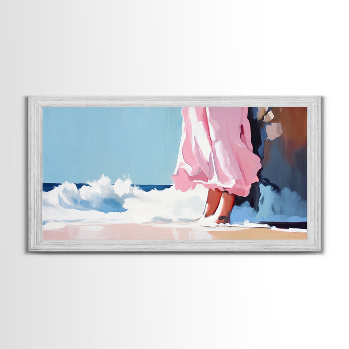Ocean Breeze, Pink Dress, Coastal Art, Modern Seascape, Minimalist Wall Art, Living Room Decor, Beach Aesthetic, Canvas Print