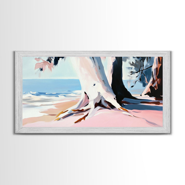 Beach Tree, Coastal Roots, Modern Nature Art, Minimalist Seascape, Living Room Wall Art, Tranquil Landscape, Canvas Print