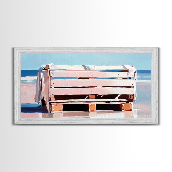 Beach Crate, Coastal Chic, Minimalist Seaside Art, Relaxing Ocean Decor, Modern Nautical Aesthetic, Living Room Wall Art, Canvas Print