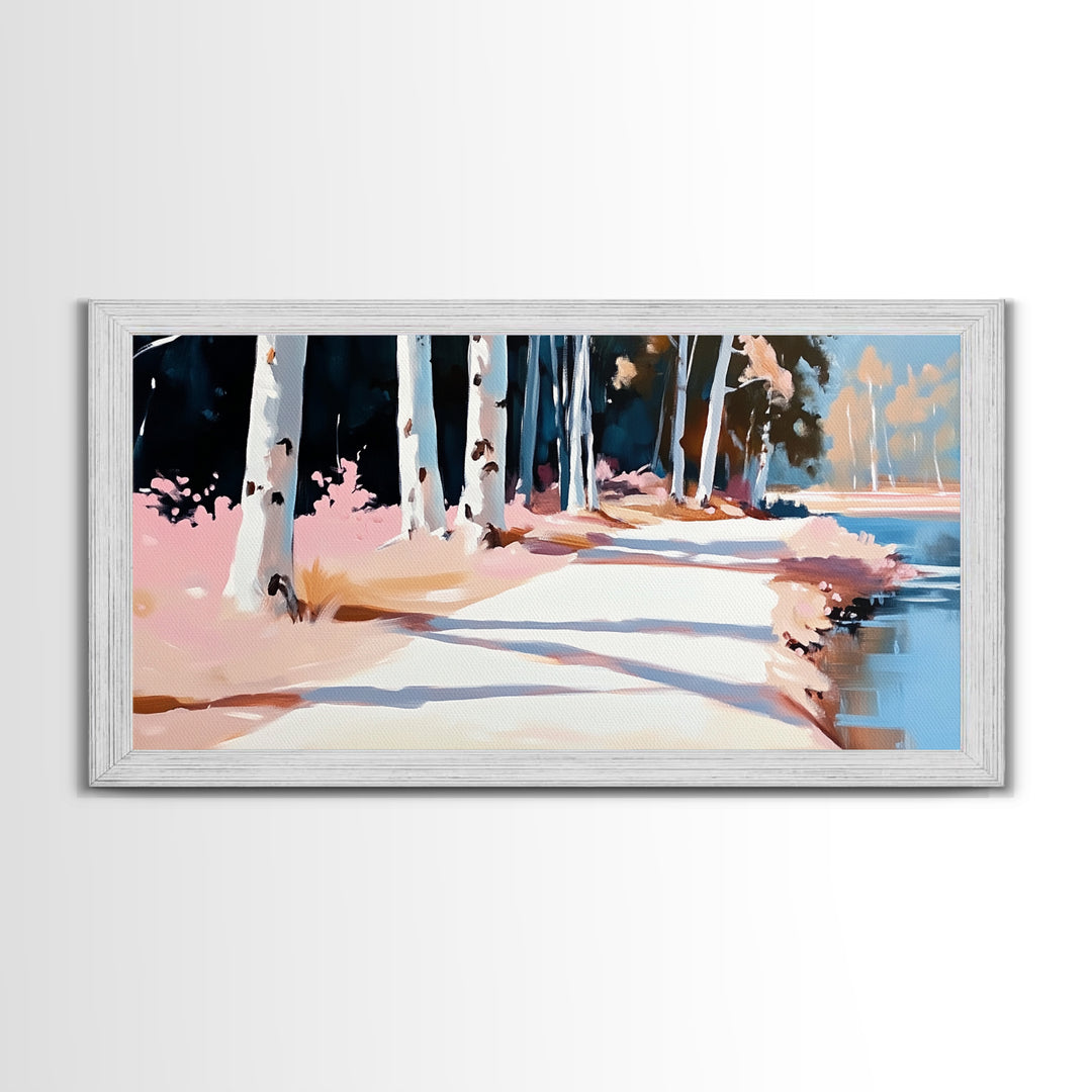 Birch Path, Autumn Landscape, Tranquil Nature Art, Minimalist Forest Print, Warm Neutral Tones, Living Room Wall Art, Canvas Print