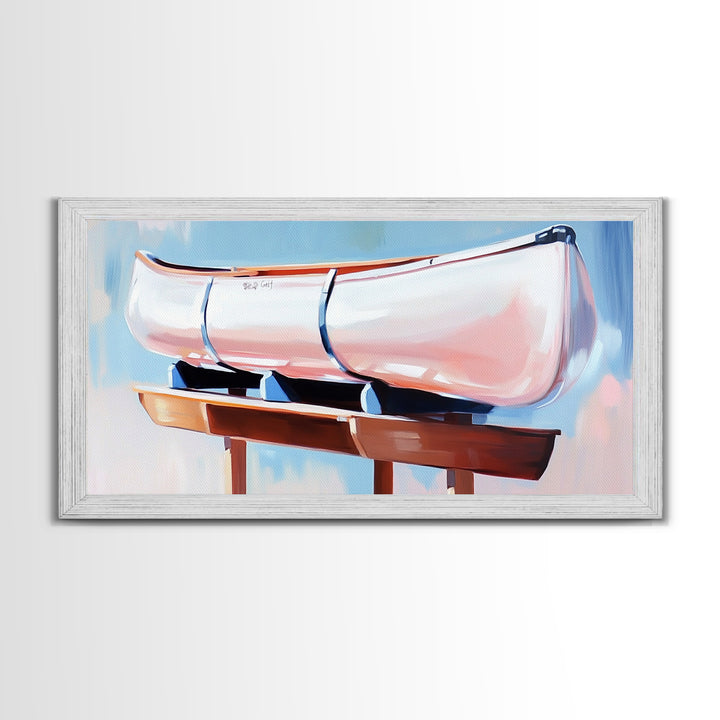 Canoe, Dockside View, Rustic Adventure Art, Cabin Wall Decor, Nature Inspired Aesthetic, Outdoor Enthusiast Gift, Framed Canvas Print