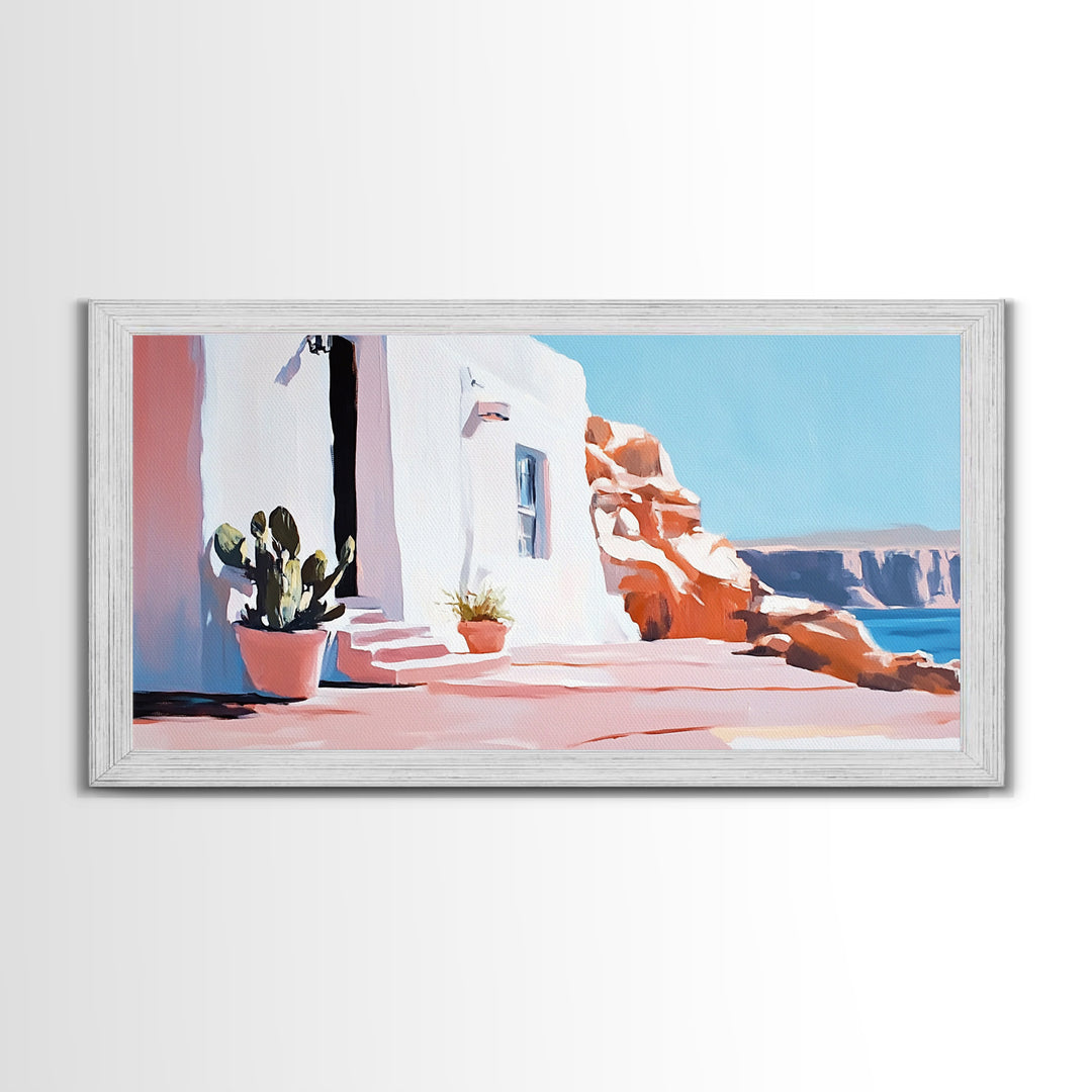 Cliffside House, Mediterranean Wall Art, Travel Print, Santorini Inspired Decor, Minimalist Aesthetic, Framed Canvas Print, Living Room